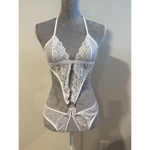NWT Avidlove Women's Lingerie Sz MED White One Piece Lace See Through Bodysuit
